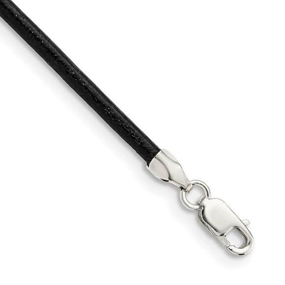 2mm Black Leather Cord Chain & Sterling Silver Clasp Necklace, 16 Inch - Picture 1 of 6